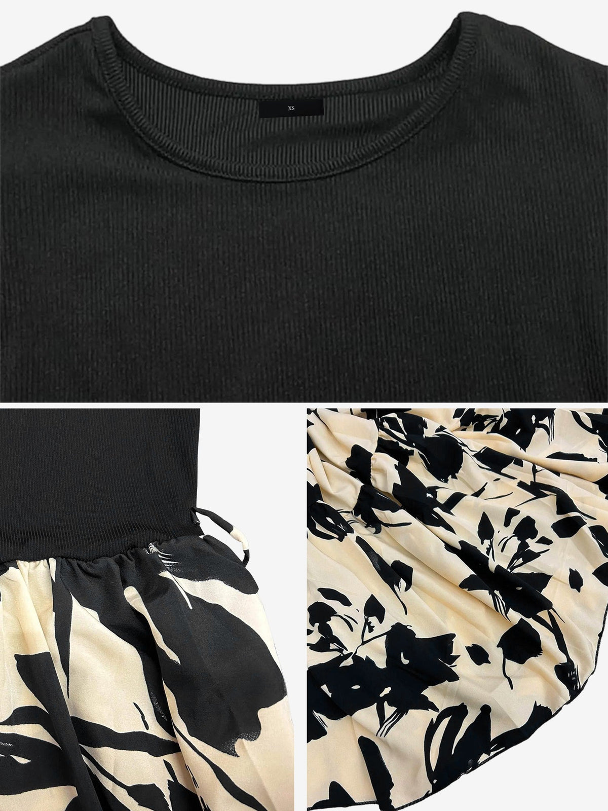 Crew Neck Ruched Sleeves Patchwork Graphic A-Line Tiered Dress