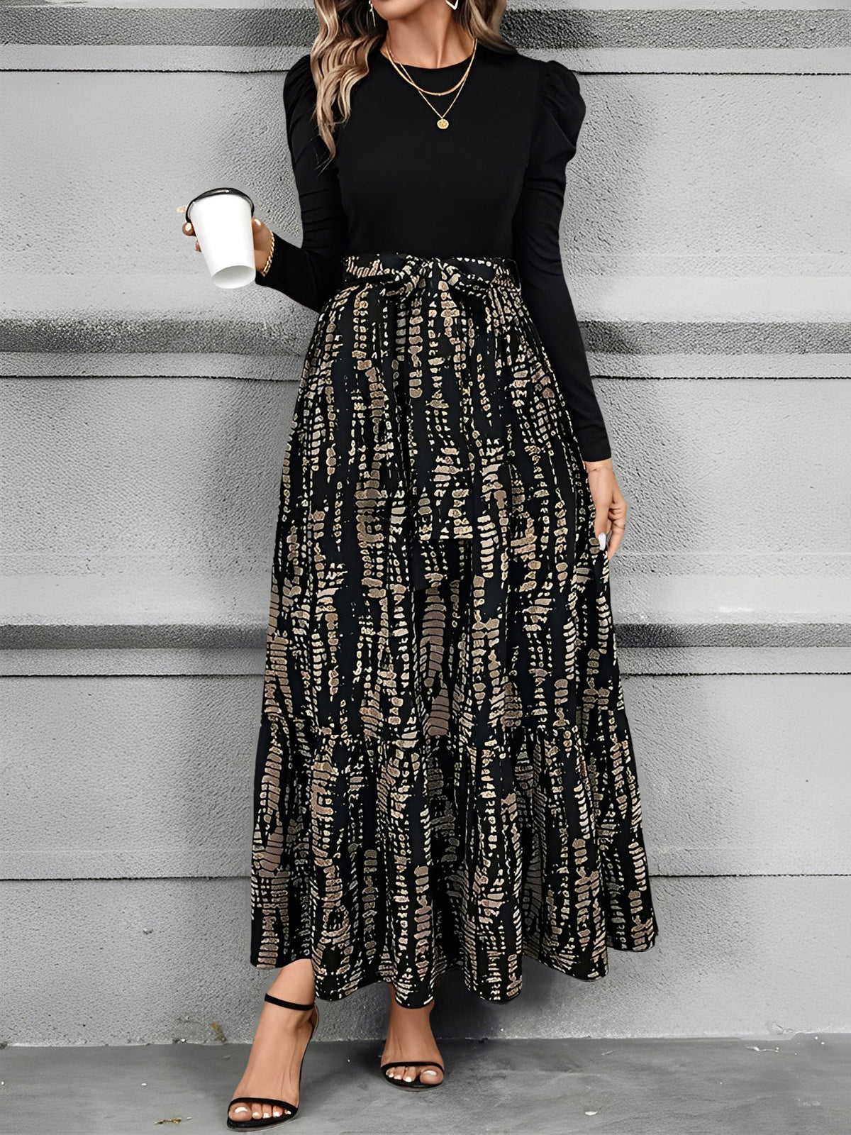 Crew Neck Ruched Sleeves Patchwork Graphic A-Line Tiered Dress