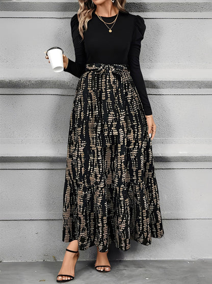 Crew Neck Ruched Sleeves Patchwork Graphic A-Line Tiered Dress