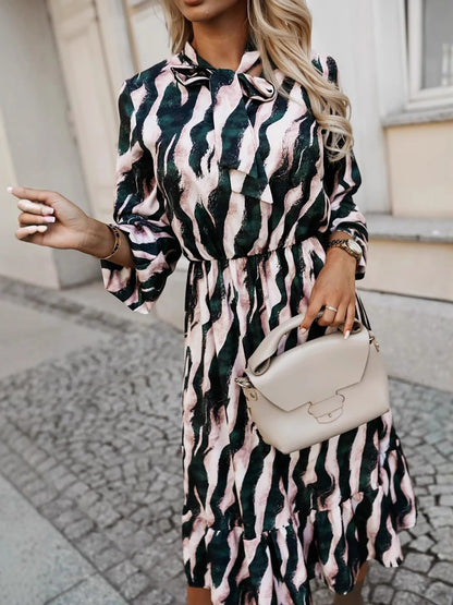 Bow Tie Neck Printed Puff Long Sleeves A-Line Dress