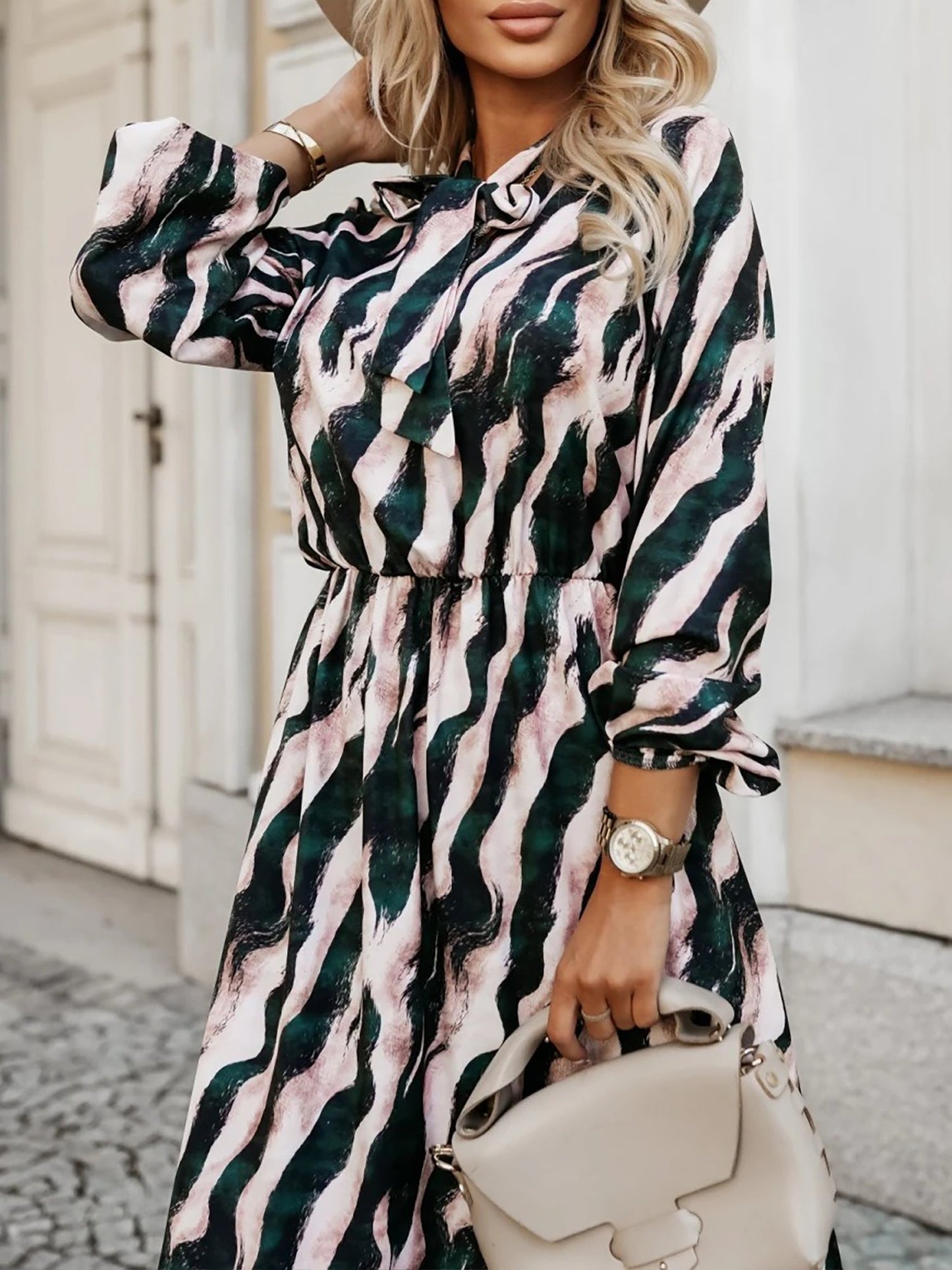 Bow Tie Neck Printed Puff Long Sleeves A-Line Dress