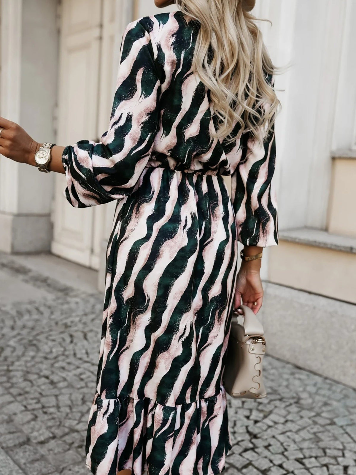 Bow Tie Neck Printed Puff Long Sleeves A-Line Dress