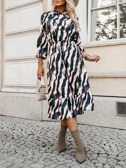 Bow Tie Neck Printed Puff Long Sleeves A-Line Dress