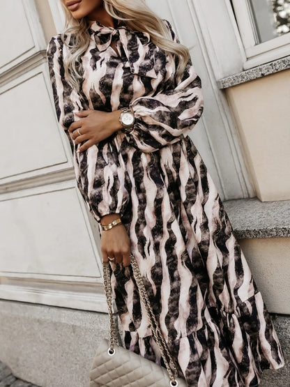 Bow Tie Neck Printed Puff Long Sleeves A-Line Dress
