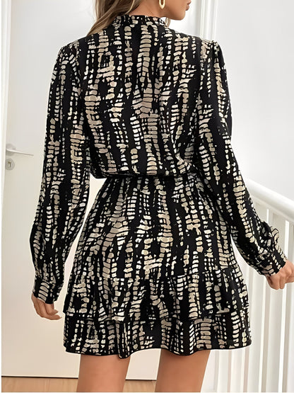Graphic V Neck Long Sleeves Ruffled Layered Mini Dress