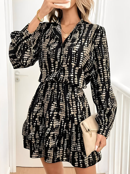 Graphic V Neck Long Sleeves Ruffled Layered Mini Dress