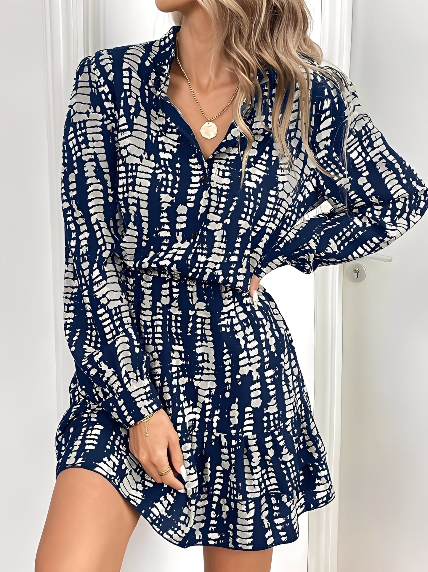 Graphic V Neck Long Sleeves Ruffled Layered Mini Dress