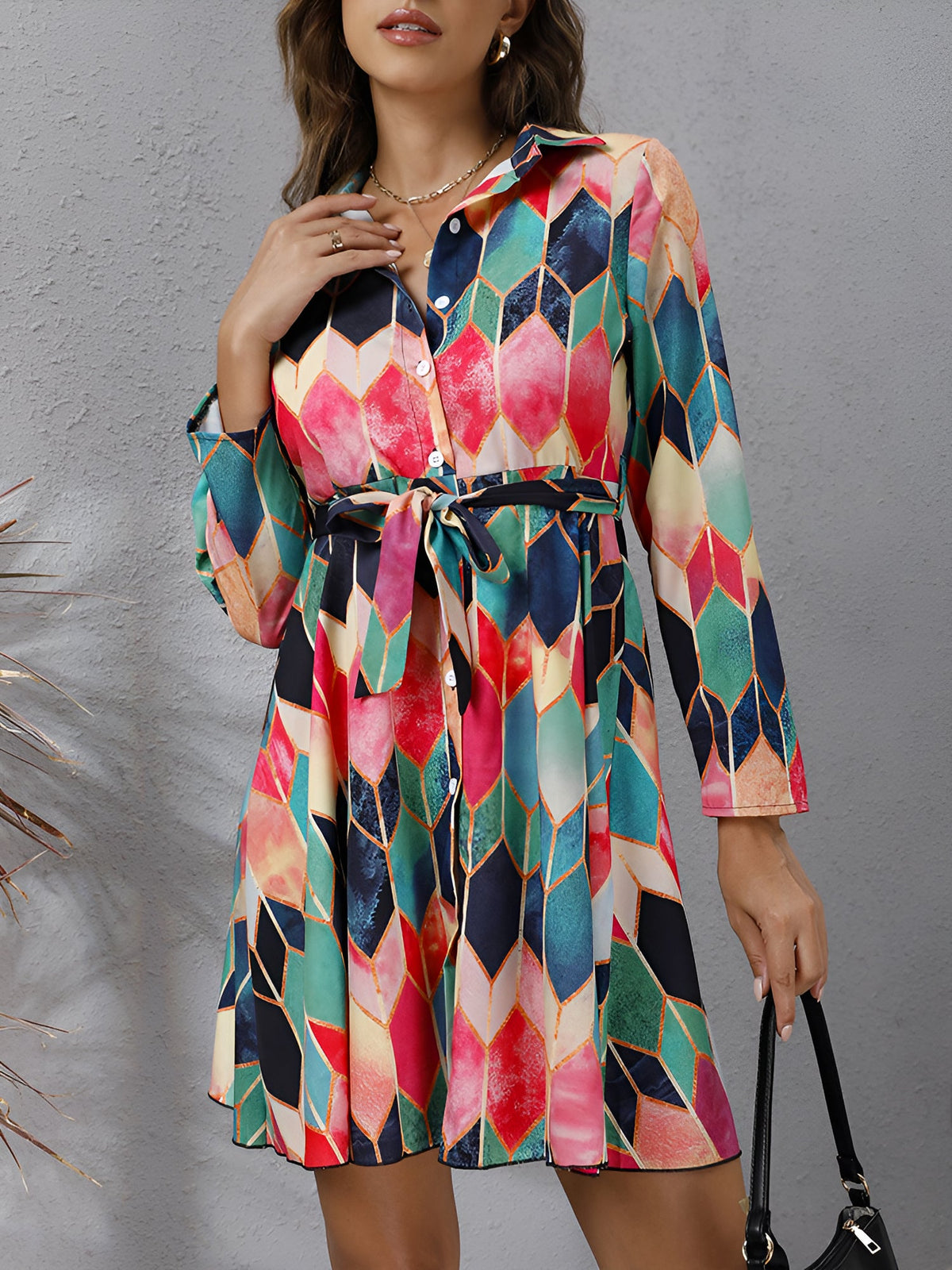 Graphic Collared Long Sleeves Lace-Up Shirt Dress