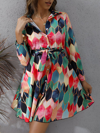 Graphic Collared Long Sleeves Lace-Up Shirt Dress