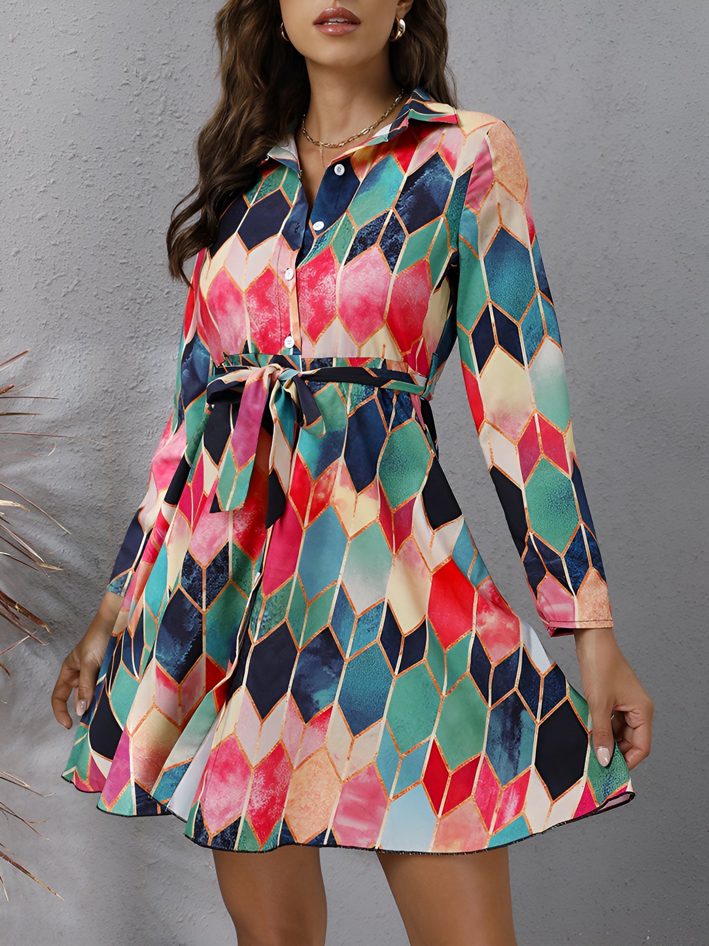 Graphic Collared Long Sleeves Lace-Up Shirt Dress