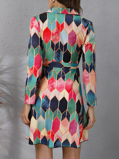 Graphic Collared Long Sleeves Lace-Up Shirt Dress