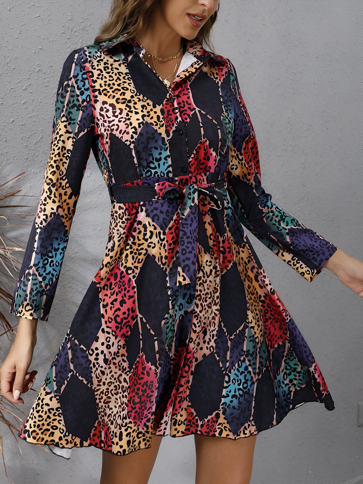 Graphic Collared Long Sleeves Lace-Up Shirt Dress