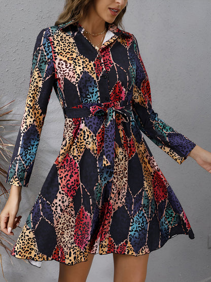 Graphic Collared Long Sleeves Lace-Up Shirt Dress
