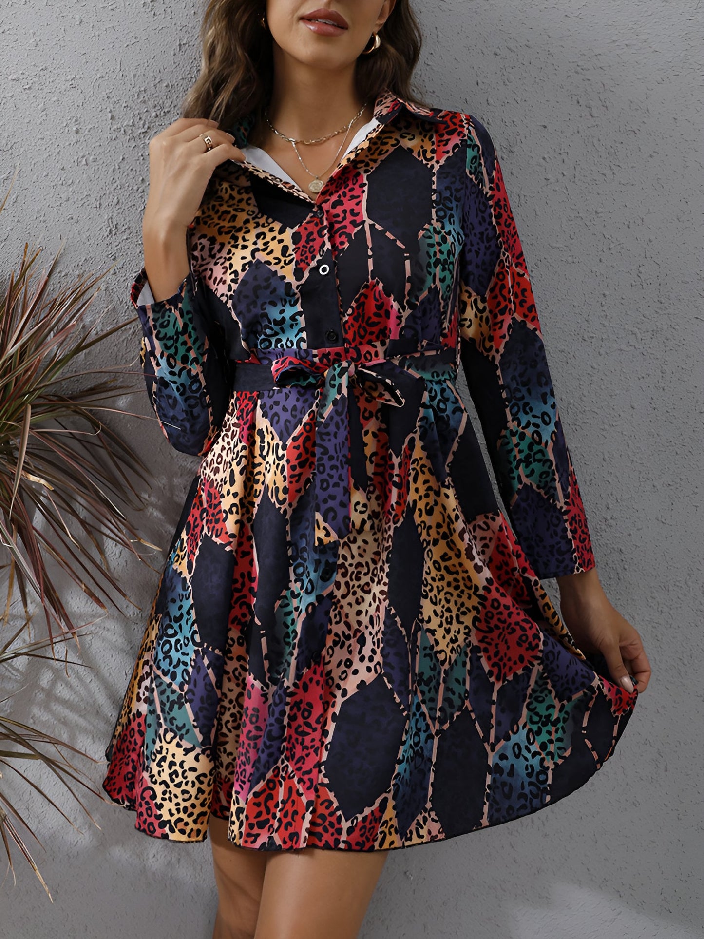 Graphic Collared Long Sleeves Lace-Up Shirt Dress