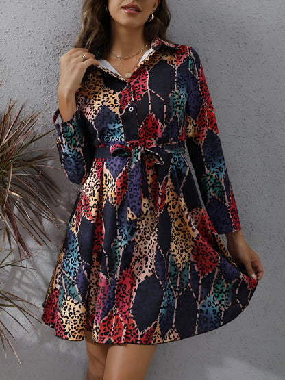 Graphic Collared Long Sleeves Lace-Up Shirt Dress