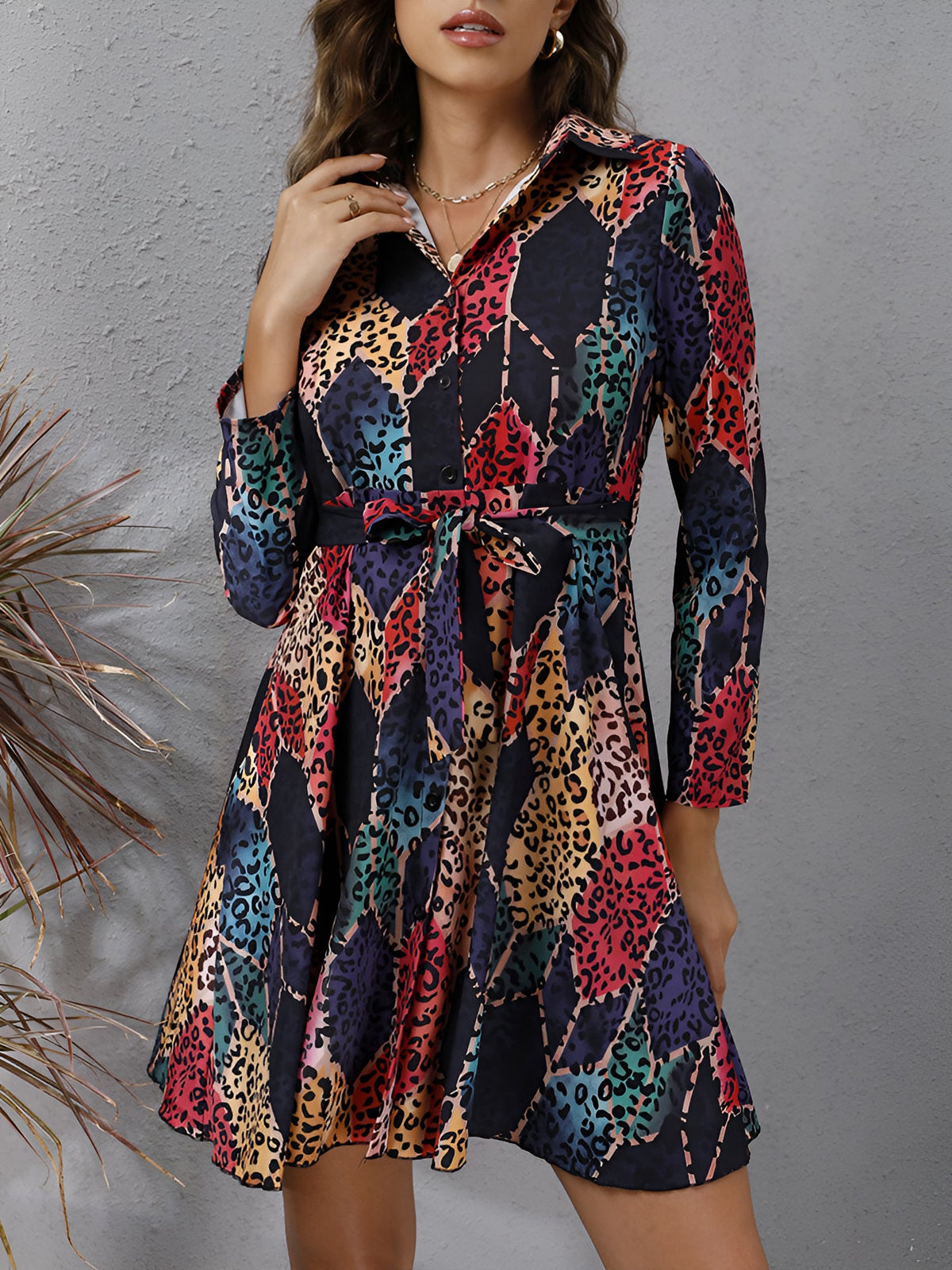 Graphic Collared Long Sleeves Lace-Up Shirt Dress