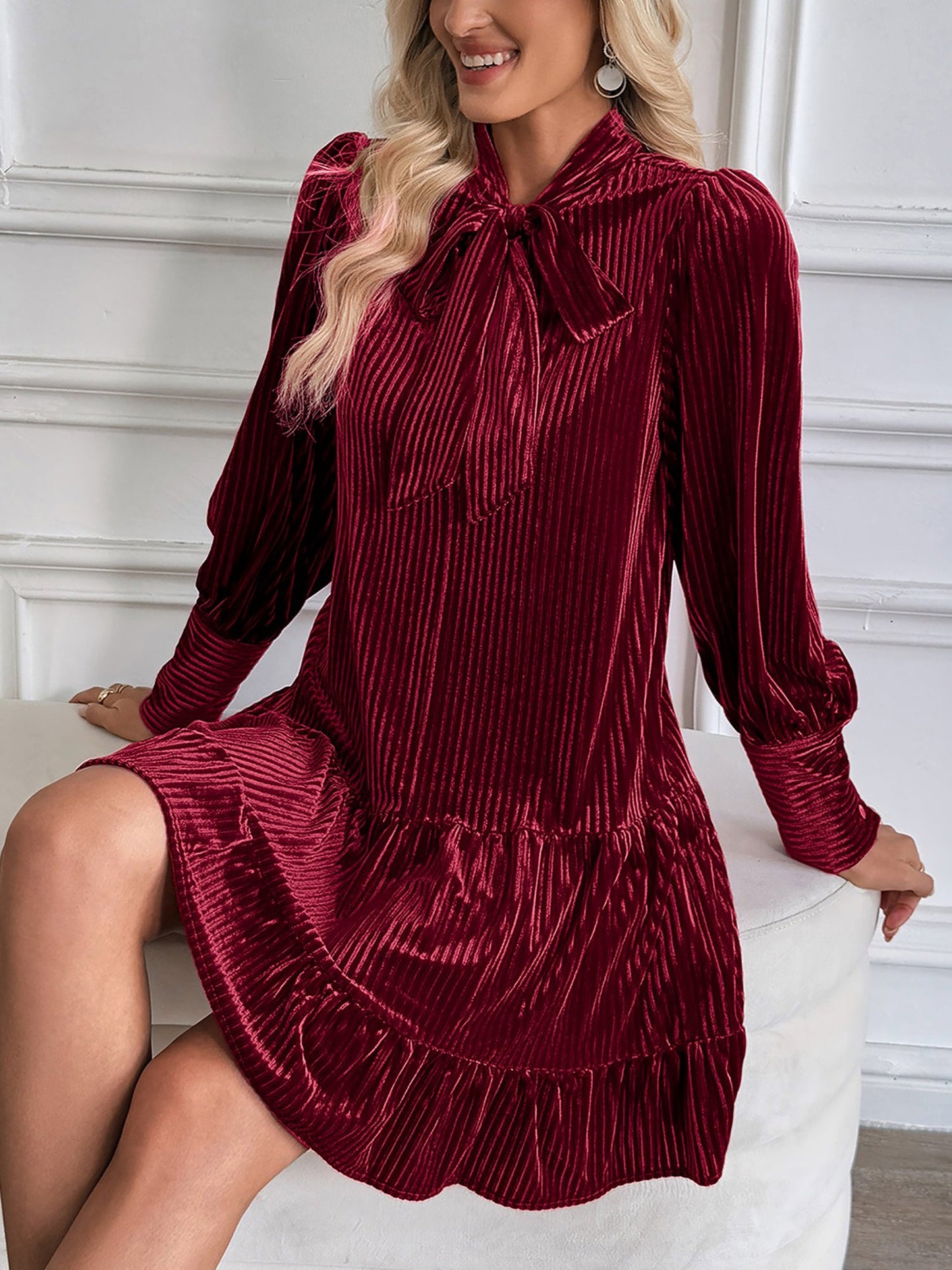 Velvet Textured Bow-Tie Puff Sleeves Ruffled Tiered Dress