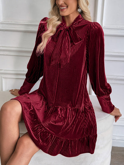 Velvet Textured Bow-Tie Puff Sleeves Ruffled Tiered Dress