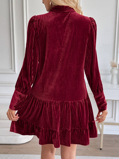 Velvet Textured Bow-Tie Puff Sleeves Ruffled Tiered Dress
