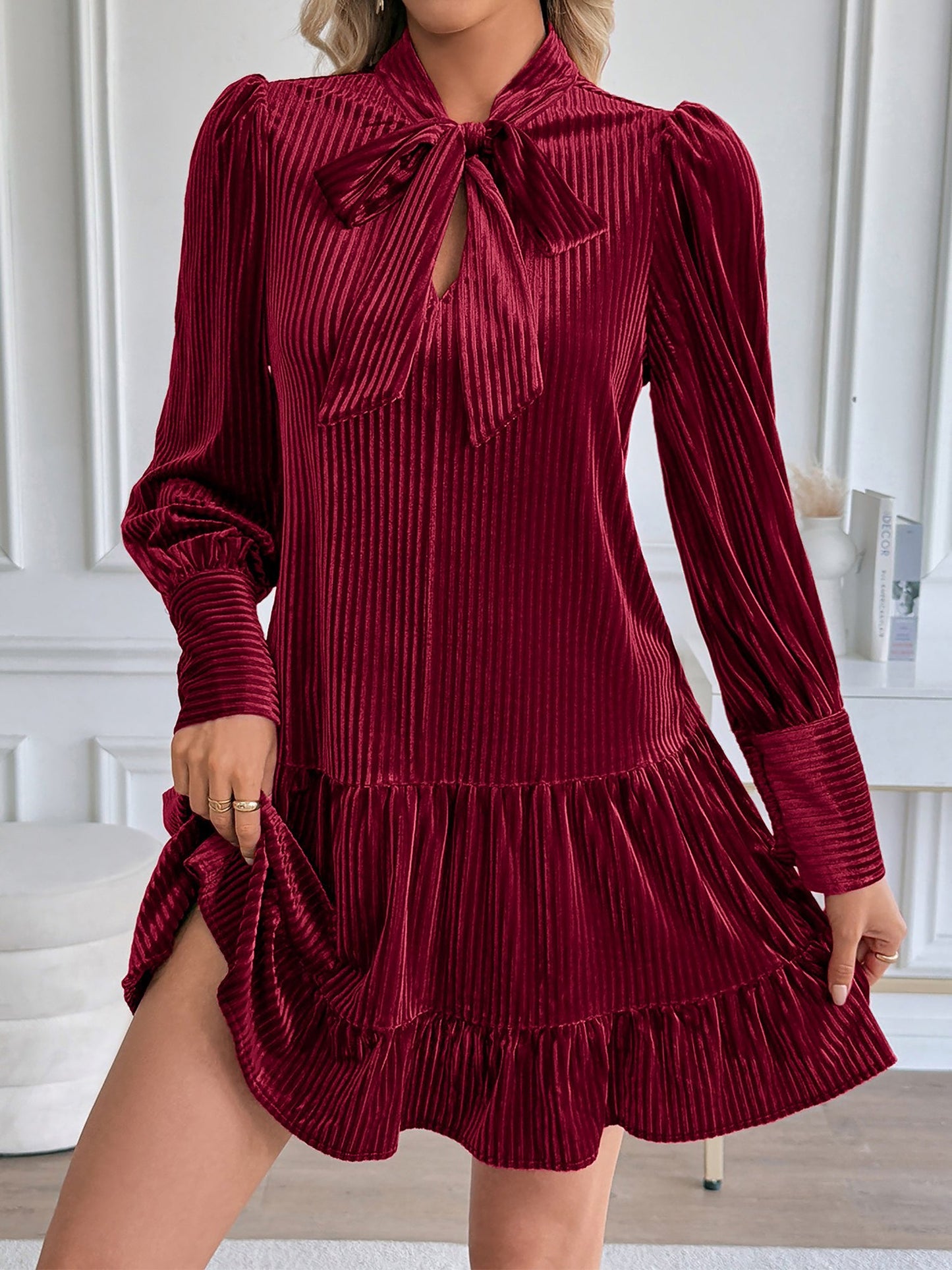 Velvet Textured Bow-Tie Puff Sleeves Ruffled Tiered Dress