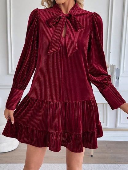Velvet Textured Bow-Tie Puff Sleeves Ruffled Tiered Dress