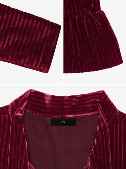 Velvet Textured Bow-Tie Puff Sleeves Ruffled Tiered Dress