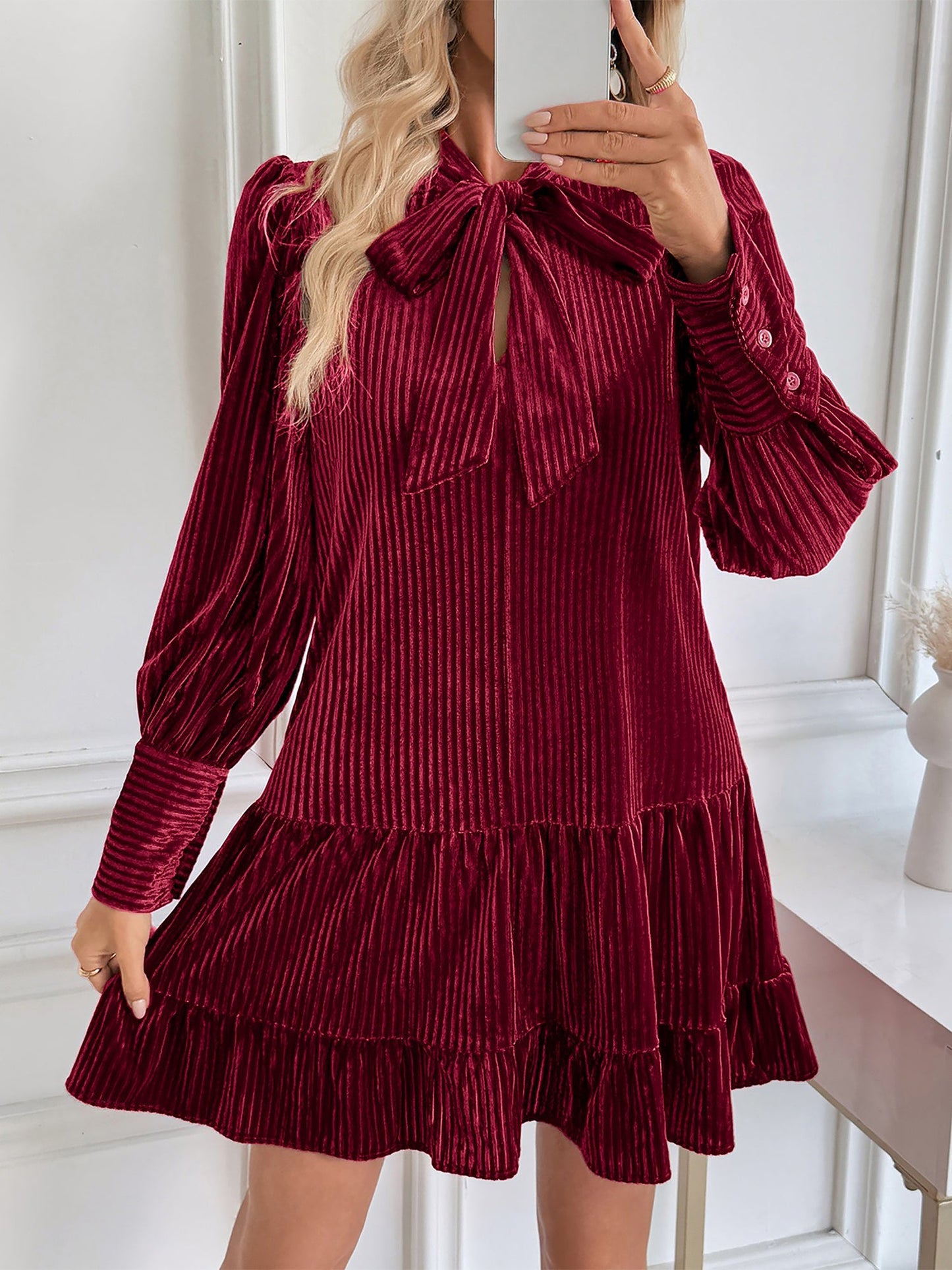Velvet Textured Bow-Tie Puff Sleeves Ruffled Tiered Dress