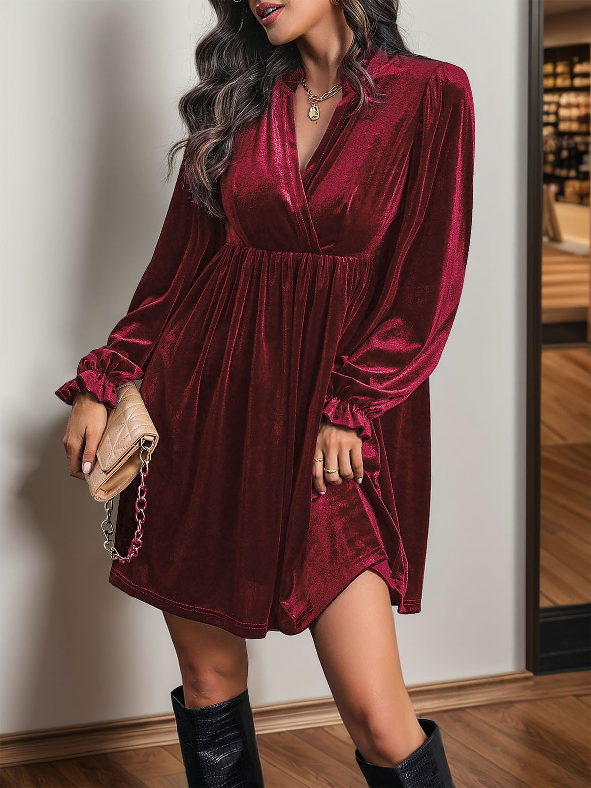 Velvet Notch Neck Puff Sleeves Ruffled Babydoll Dress