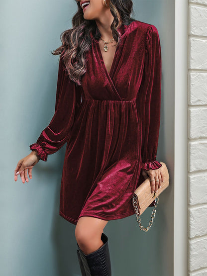 Velvet Notch Neck Puff Sleeves Ruffled Babydoll Dress