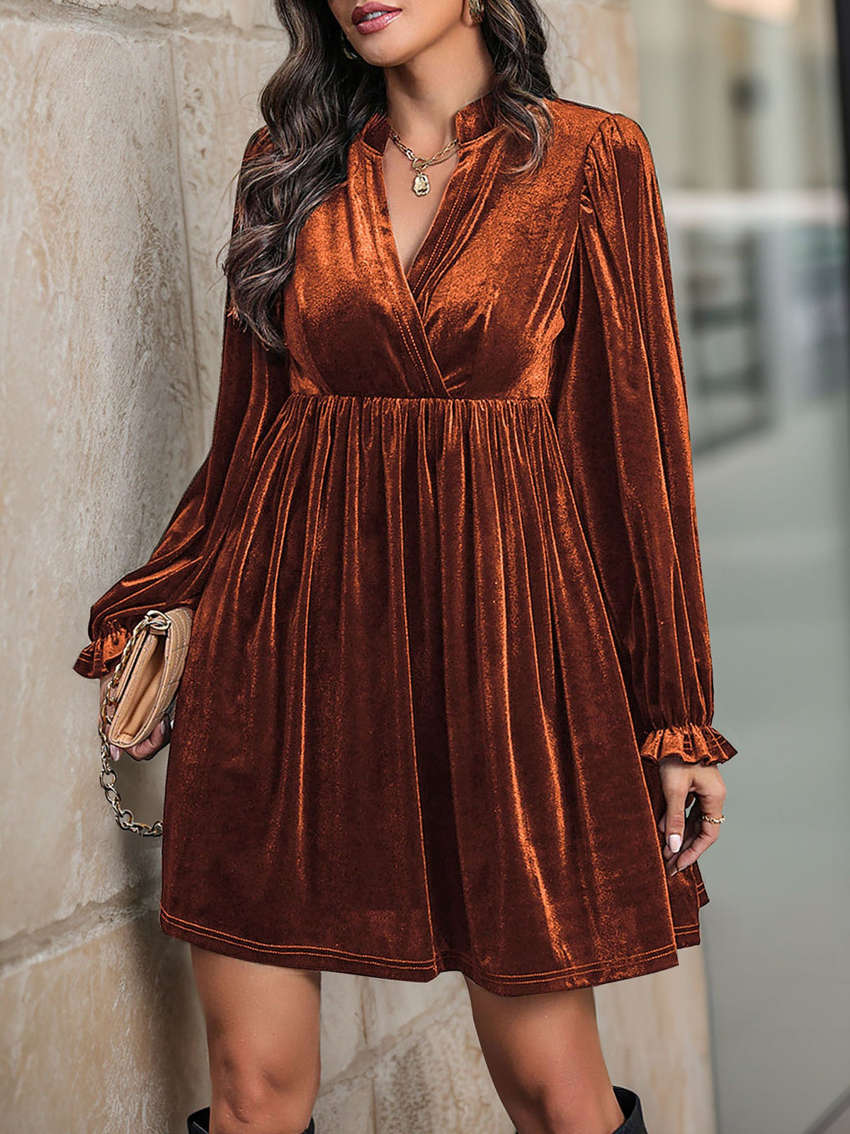 Velvet Notch Neck Puff Sleeves Ruffled Babydoll Dress