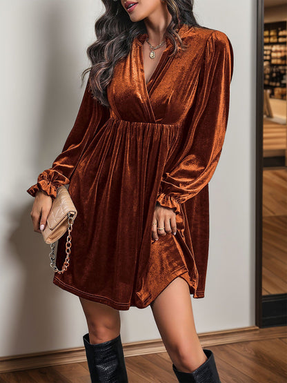 Velvet Notch Neck Puff Sleeves Ruffled Babydoll Dress