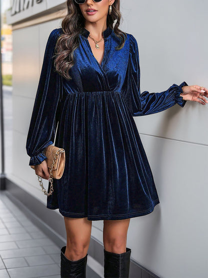 Velvet Notch Neck Puff Sleeves Ruffled Babydoll Dress