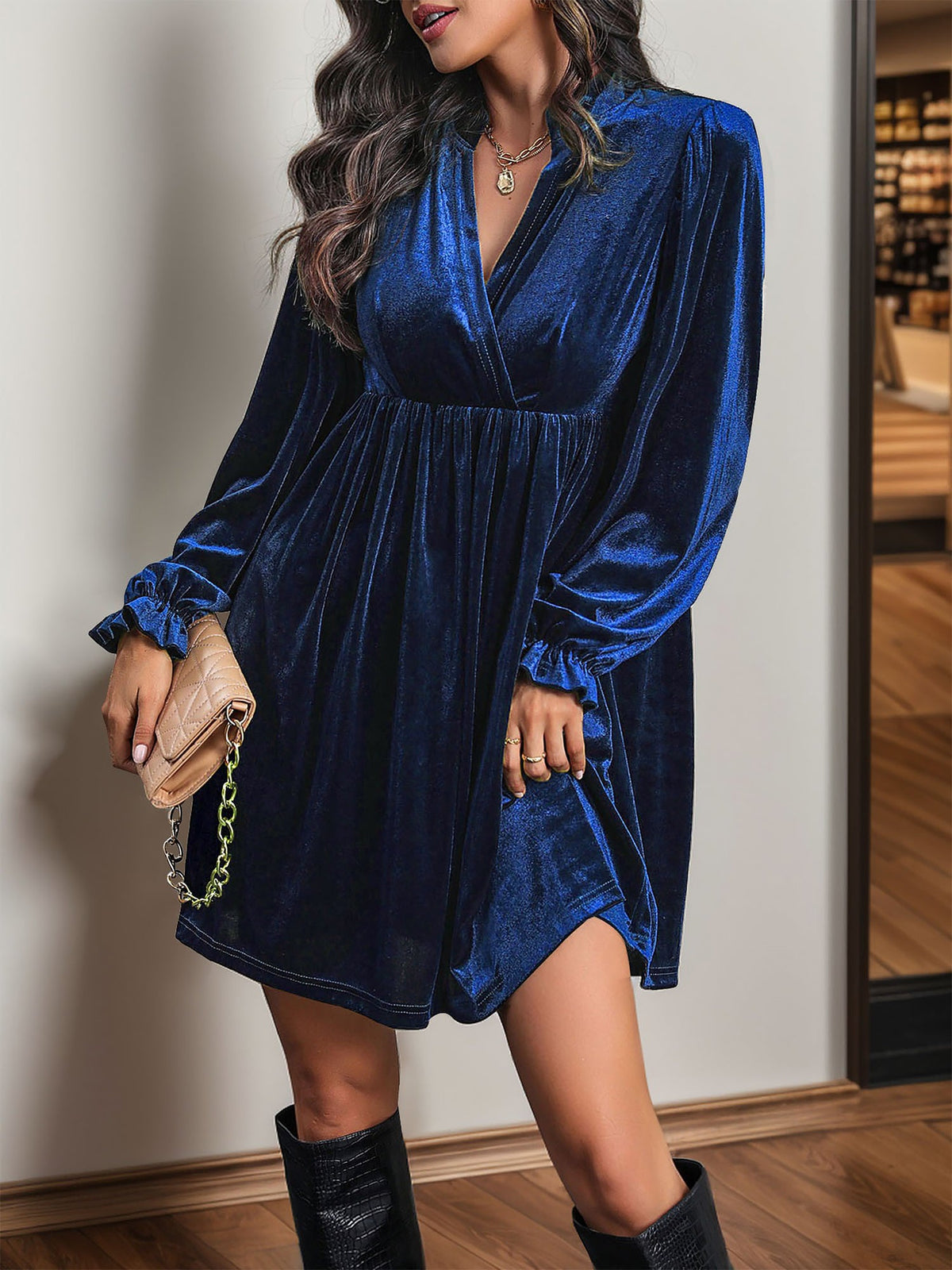 Velvet Notch Neck Puff Sleeves Ruffled Babydoll Dress