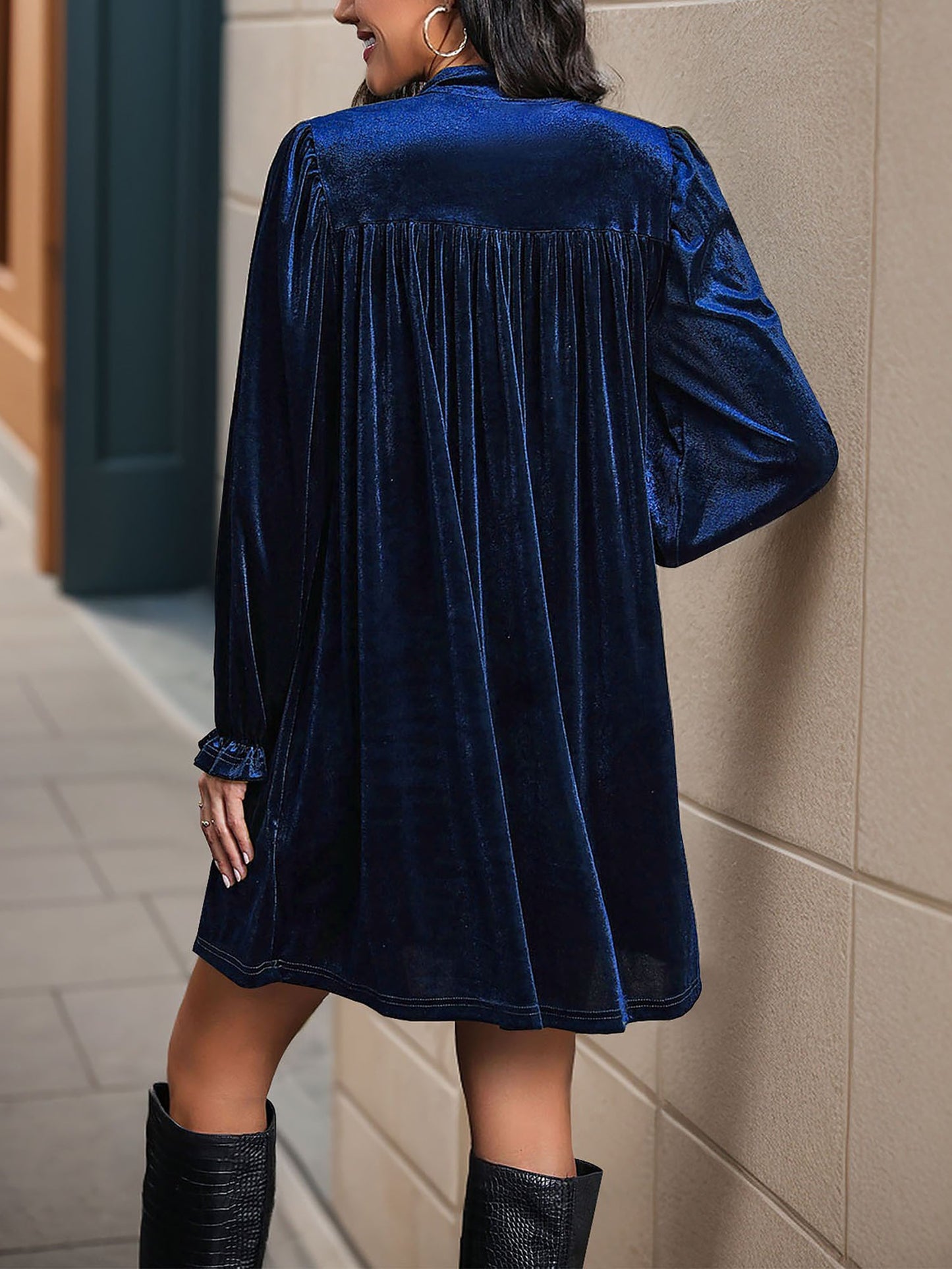 Velvet Notch Neck Puff Sleeves Ruffled Babydoll Dress