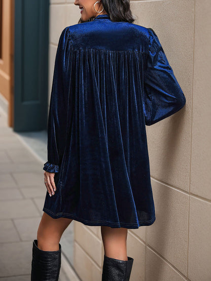Velvet Notch Neck Puff Sleeves Ruffled Babydoll Dress