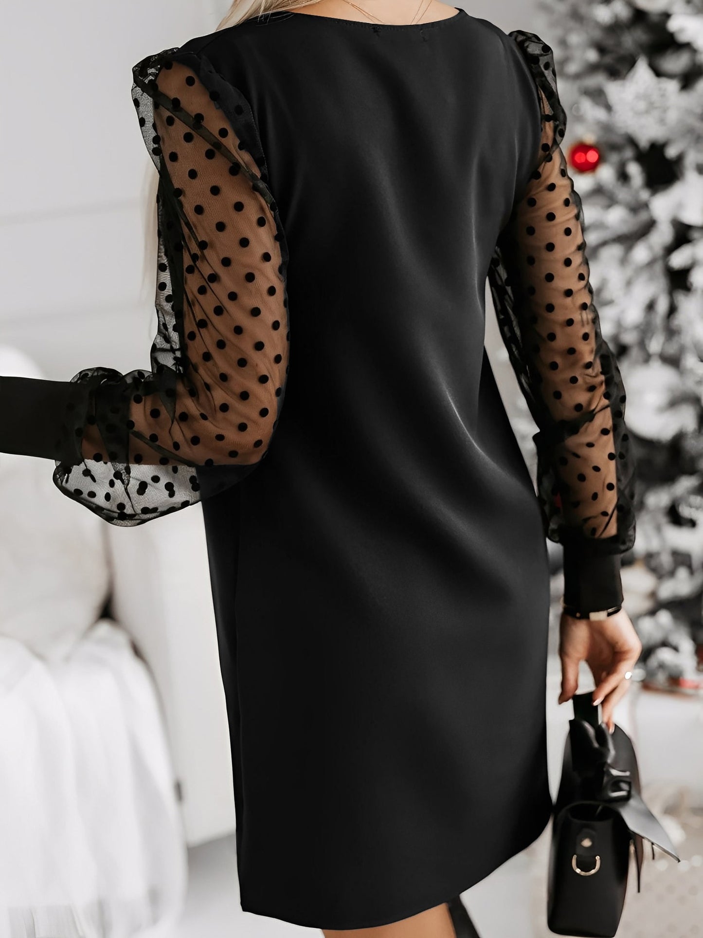 Polka Dot Mesh Long Sleeves Mini Sheath Dress