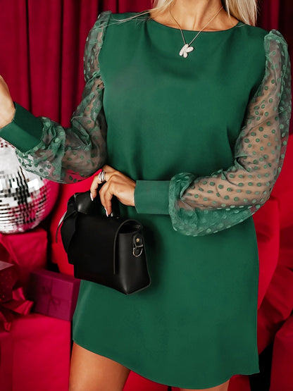 Polka Dot Mesh Long Sleeves Mini Sheath Dress