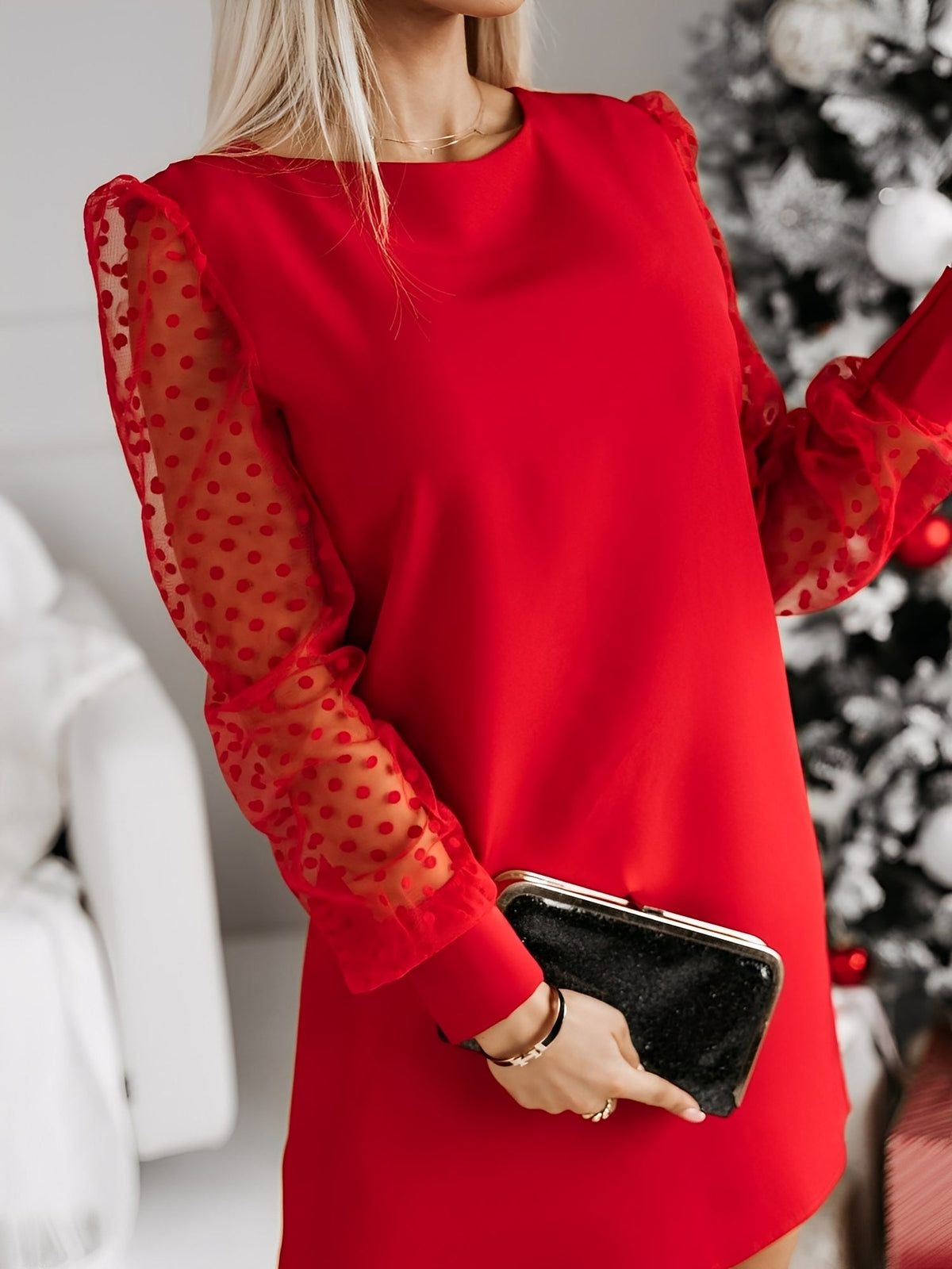Polka Dot Mesh Long Sleeves Mini Sheath Dress