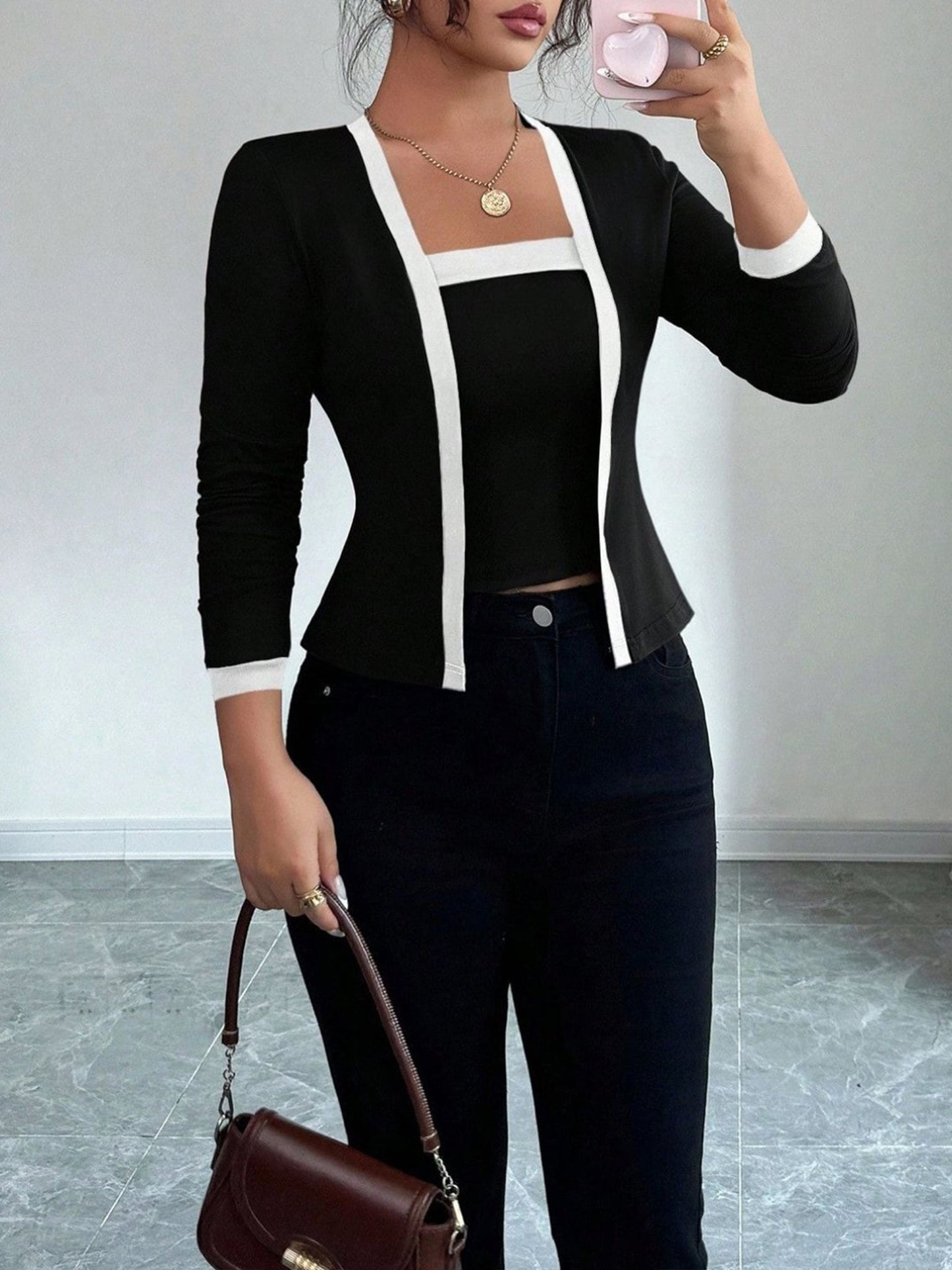 2 Pieces Colorblock Sleeveless Top & Long Sleeves Open Front Jacket Set