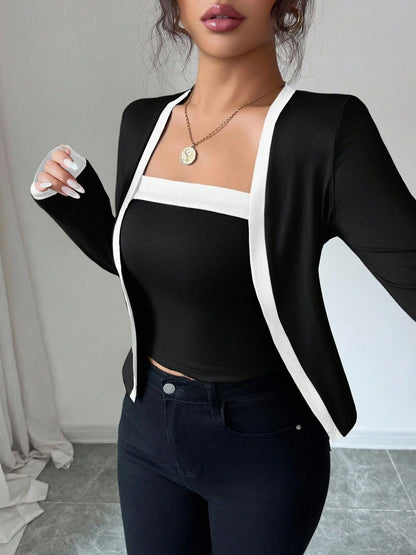 2 Pieces Colorblock Sleeveless Top & Long Sleeves Open Front Jacket Set