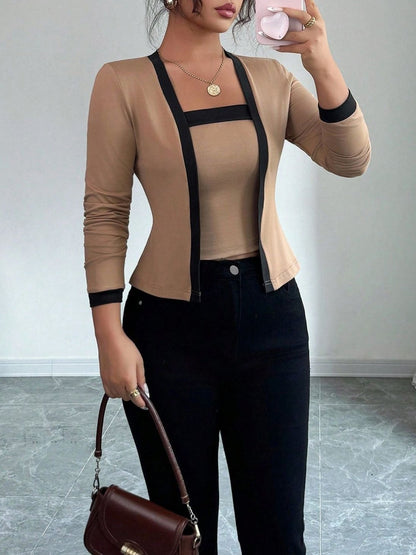 2 Pieces Colorblock Sleeveless Top & Long Sleeves Open Front Jacket Set