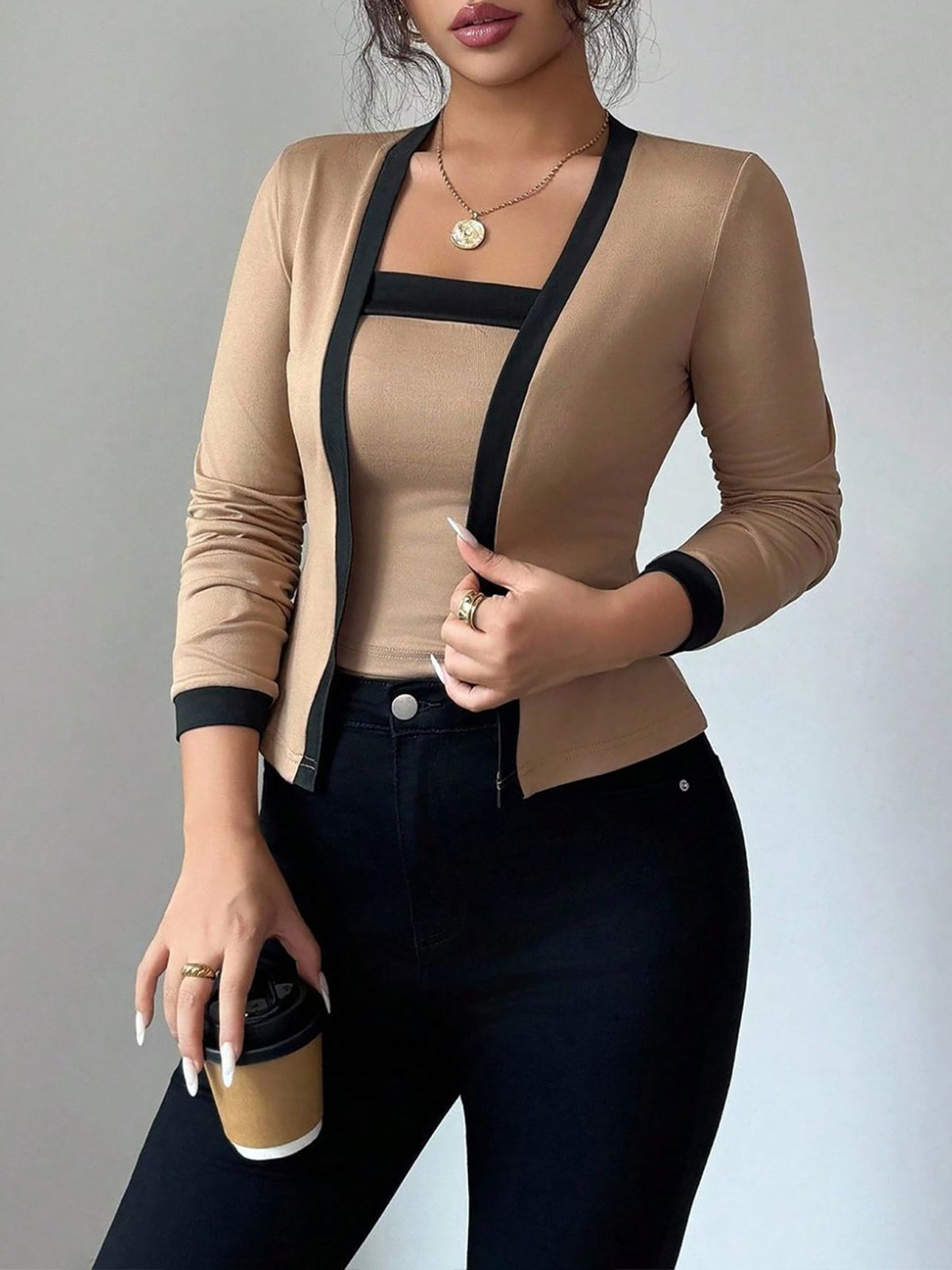 2 Pieces Colorblock Sleeveless Top & Long Sleeves Open Front Jacket Set