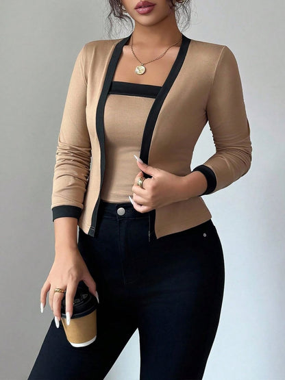 2 Pieces Colorblock Sleeveless Top & Long Sleeves Open Front Jacket Set
