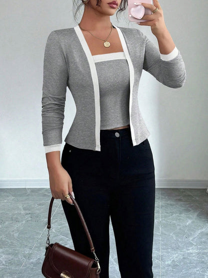 2 Pieces Colorblock Sleeveless Top & Long Sleeves Open Front Jacket Set