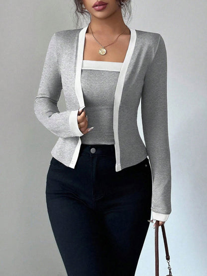 2 Pieces Colorblock Sleeveless Top & Long Sleeves Open Front Jacket Set