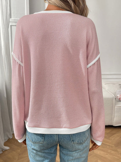 Round Neck Long Sleeves Colorblock Tops