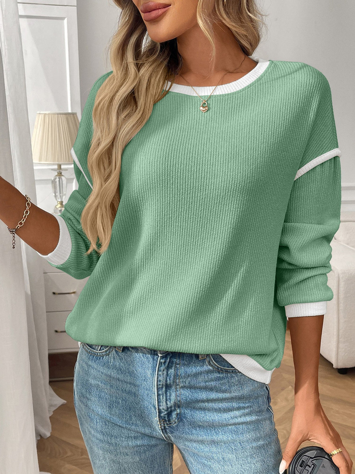 Round Neck Long Sleeves Colorblock Tops