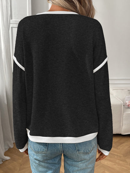 Round Neck Long Sleeves Colorblock Tops