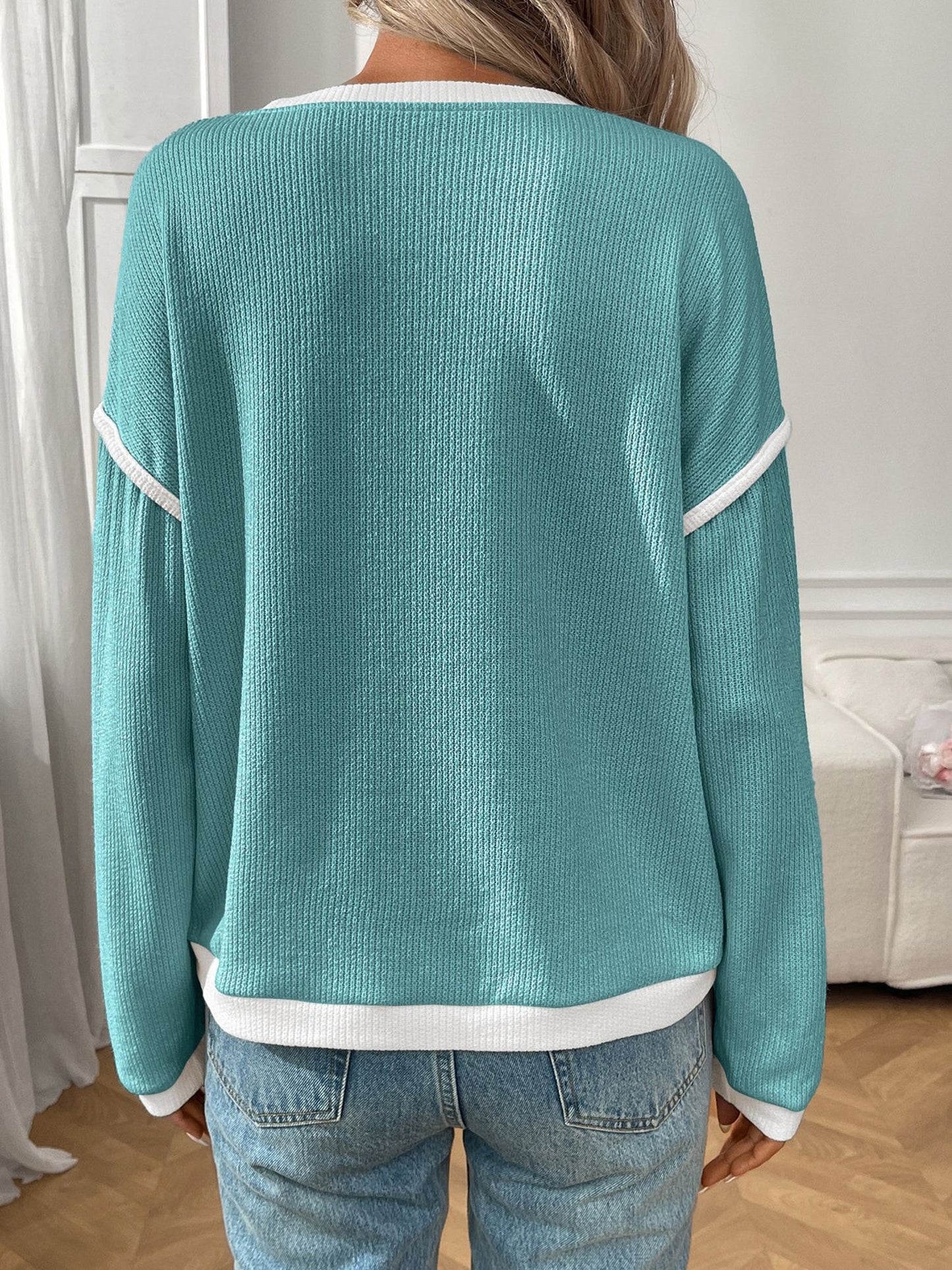 Round Neck Long Sleeves Colorblock Tops