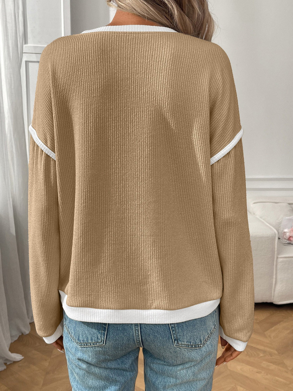 Round Neck Long Sleeves Colorblock Tops